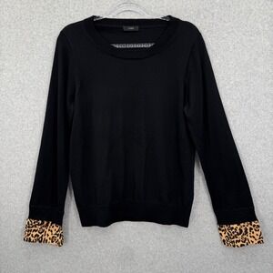 J. Crew Tippi Black Sweater with leopard-print cuffs Merino Wool Medium